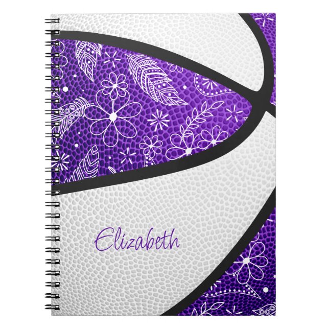 Cuaderno Baloncesto boho plumas paislies púrpura blanco (Frente)
