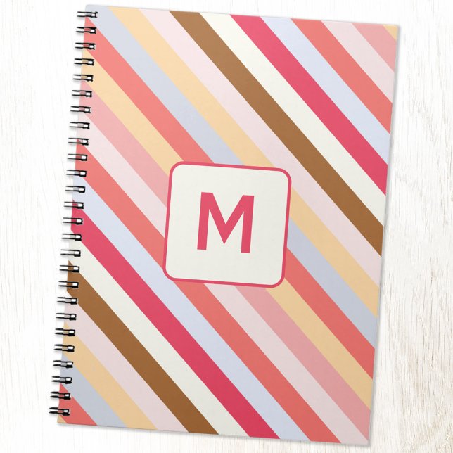 Cuaderno Banda de andén diagonal inicial de monograma moder (Modern muted diagonal candy stripe monogram initial personalized notebook)