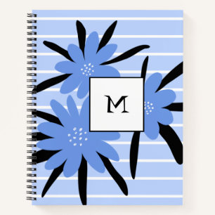 Cuaderno Bandas azules Monograma moderno Flores iniciales