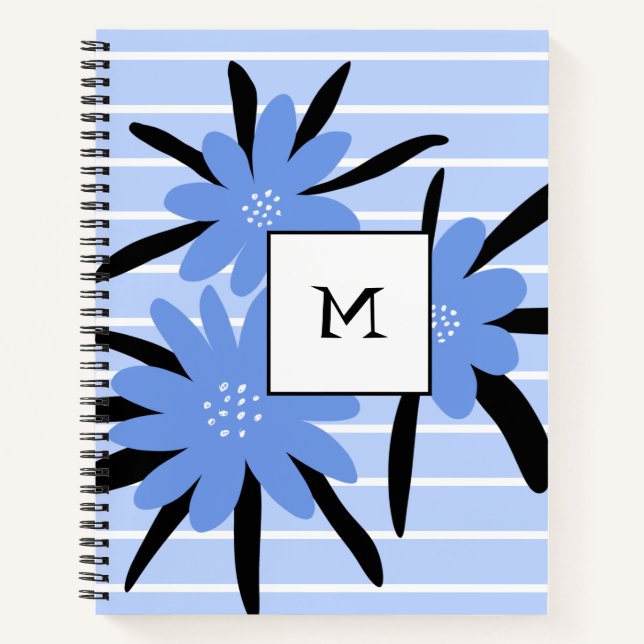 Cuaderno Bandas azules Monograma moderno Flores iniciales (Anverso)