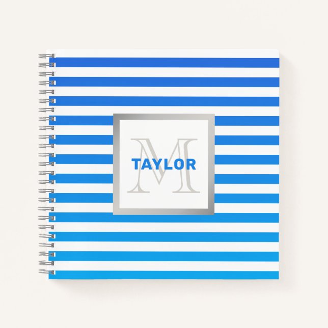 Cuaderno Bandas De Ombre Azul Modernas Con Nombre Monograma (Anverso)