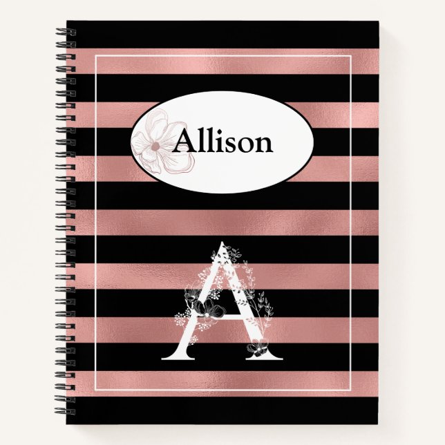 Cuaderno Bandas de oro Rosa personalizadas con A inicial (Anverso)
