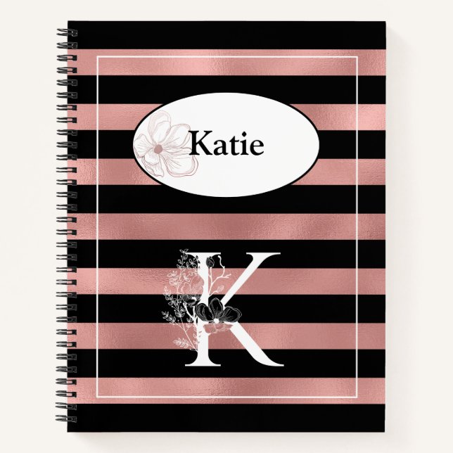 Cuaderno Bandas de oro Rosa personalizadas con K inicial (Anverso)