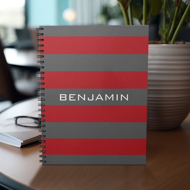 Cuaderno Bandas de rugby rojas y grises con nombre personal (Personalized notebook with custom text - add your name and other options)