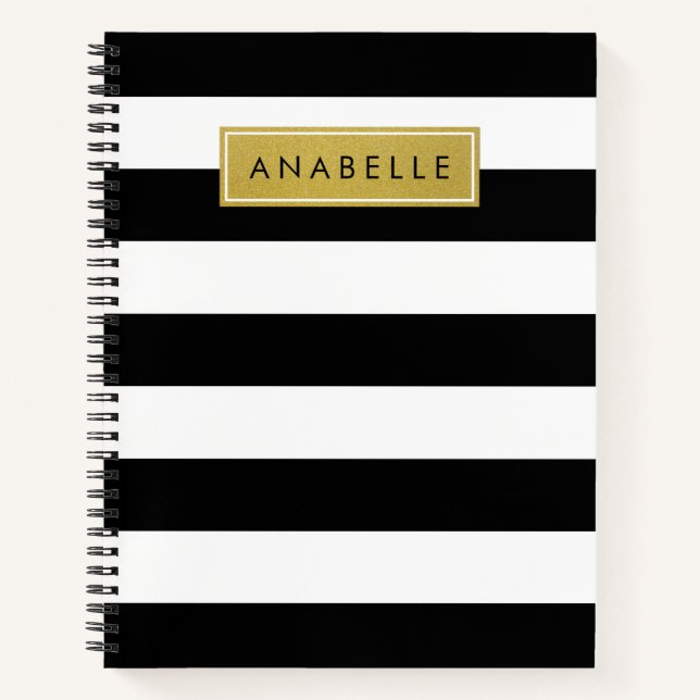 Cuaderno Bandas en blanco y negro, rayas, líneas, nombre (Anverso)