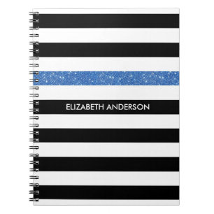 Cuaderno Bandas negras modernas FAUX Blue Glitz y nombre