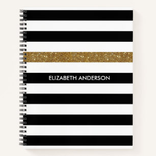Cuaderno Bandas negras modernas FAUX Gold Glitz y nombre