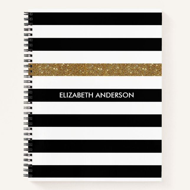 Cuaderno Bandas negras modernas FAUX Gold Glitz y nombre (Anverso)