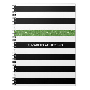 Cuaderno Bandas negras modernas FAUX Green Glitz y Name
