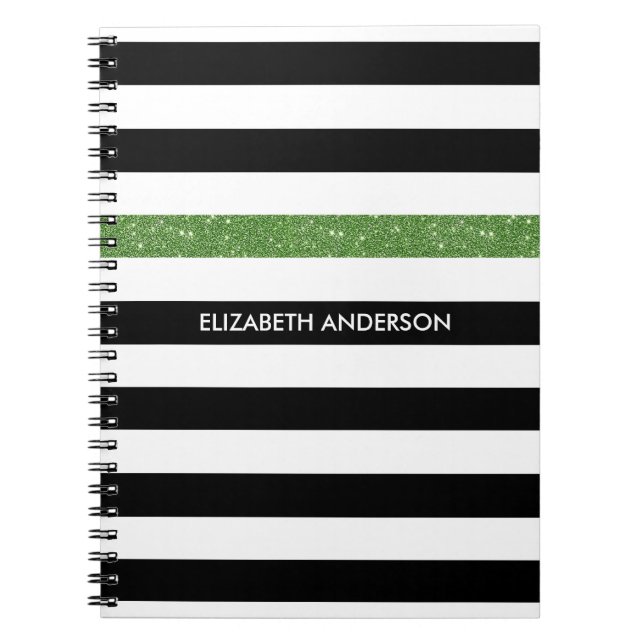 Cuaderno Bandas negras modernas FAUX Green Glitz y Name (Frente)