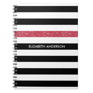 Cuaderno Bandas negras modernas FAUX rojo brillante y nombr