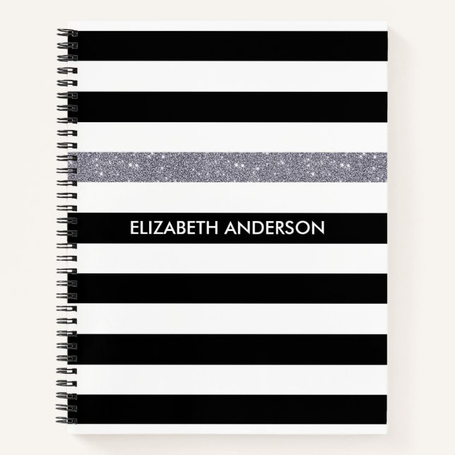 Cuaderno Bandas negras modernas FAUX Silver Glitz y nombre (Anverso)