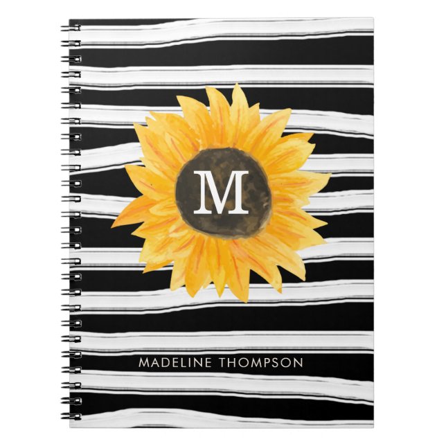 Cuaderno Bandas negras modernas Monograma de girasol (Frente)