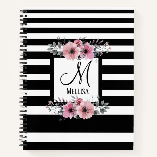 Cuaderno Bandas negras y blancas monograma floral rosa (Anverso)