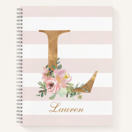 Cuaderno Bandas rosadas femeninas Dorado floral Personaliza