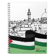 Bandera de Palestina y antiguas casas dibujadas a 