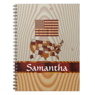 Cuaderno Bandera y mapa estadounidense de madera