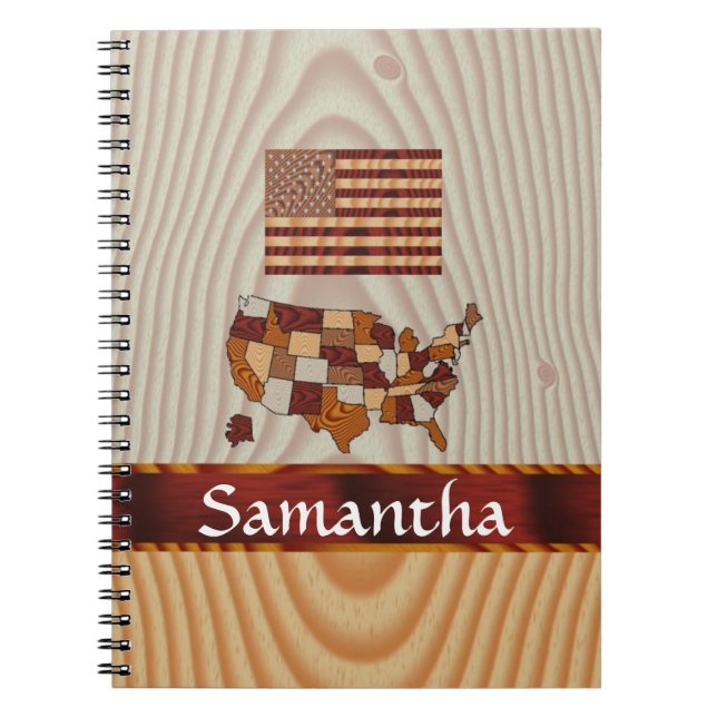 Cuaderno Bandera y mapa estadounidense de madera (Frente)