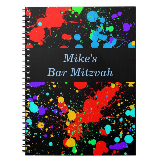 Cuaderno Bar, Bat Mitzvah Neon Paint Splatter Libro de invi (Frente)