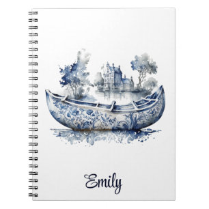 Cuaderno Barco de estilo Delft azul y blanco con escena en 