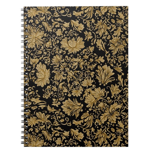 Cuaderno Barroco Floral Dorado sobre Negro (Frente)