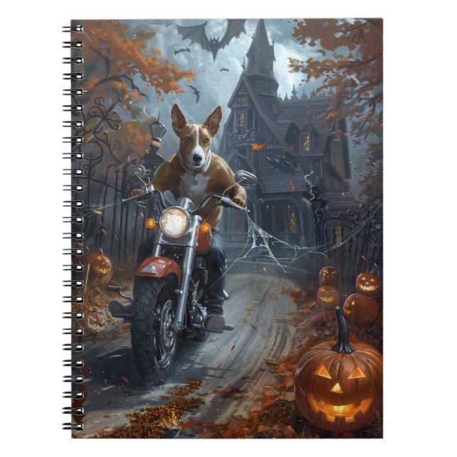 Cuaderno Basenji montando motocicleta Halloween espeluznant (Frente)