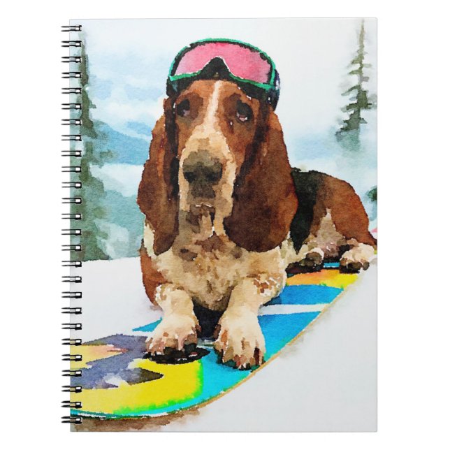Cuaderno Basset hound haciendo snowboarding (Frente)