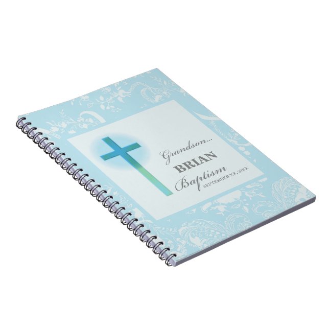 Cuaderno Bautismo de nieto con encaje azul personalizado (Lado Derecho)