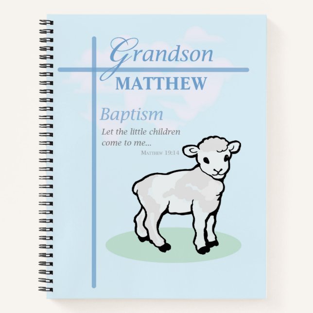 Cuaderno Bautismo de nieto Cordero de niño azul personaliza (Anverso)