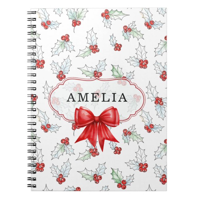 Cuaderno Bayas de Acebo Acuarela Cinta Roja Nombre Personal (Frente)
