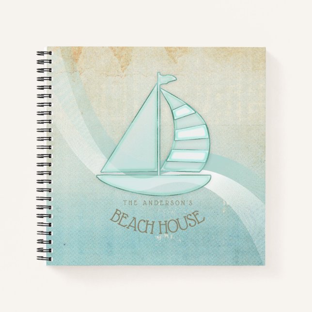 Cuaderno Beach House Nautical Sailboat Aqua Blue ID623 (Anverso)