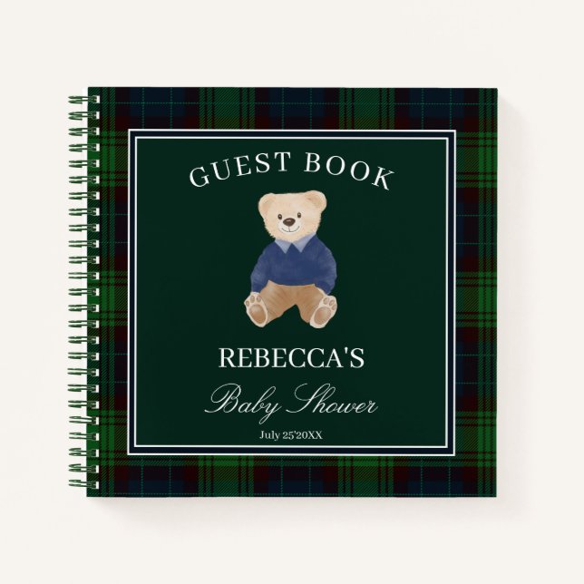Cuaderno Bear wait green plaid baby ducha invitado (Anverso)