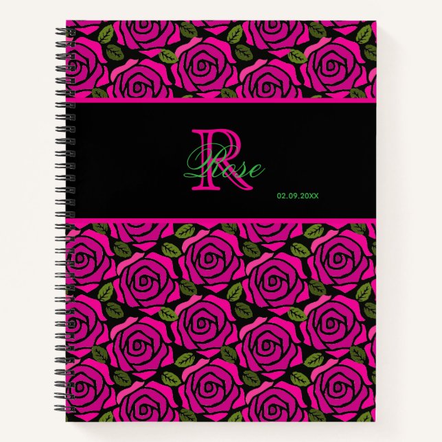 Cuaderno Beautiful Girly Hot Pink Roses Name Monogram  (Anverso)