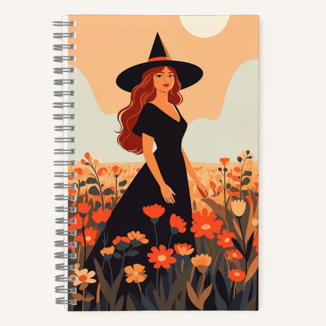 Cuaderno beautiful witch in flowers fields colorful illustr (Anverso)