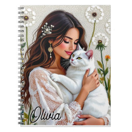 Cuaderno Beautiful Woman, Cat and Dandelions Personalized