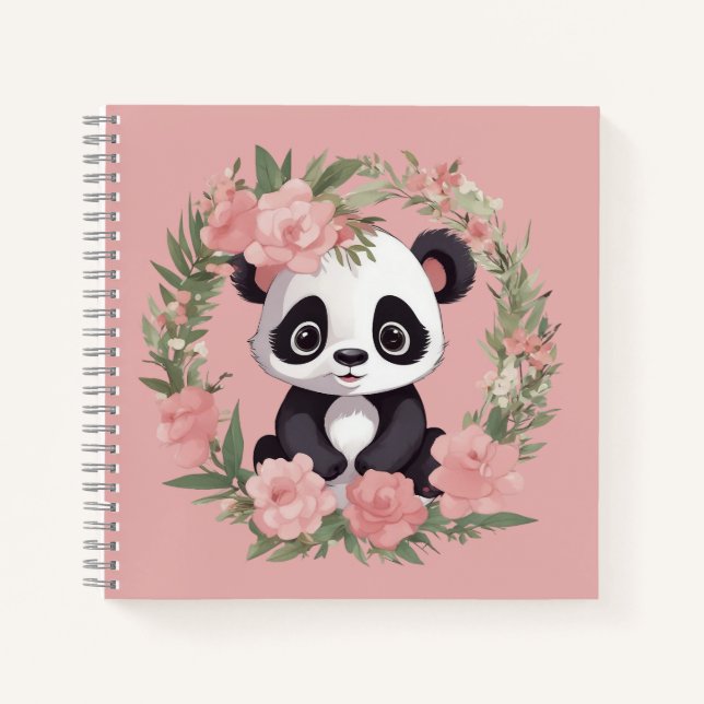 Cuaderno Bebé Adorable Panda Bear con Flores (Anverso)