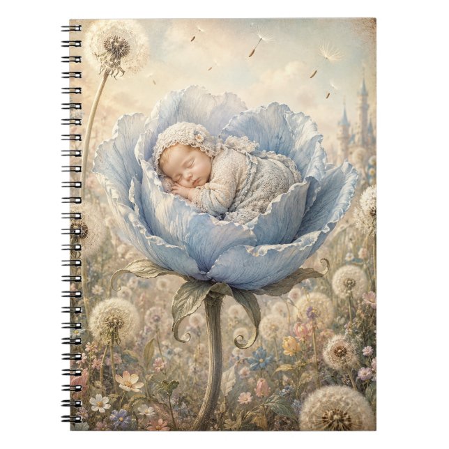 Cuaderno Bebé durmiendo en flor azul  (Frente)