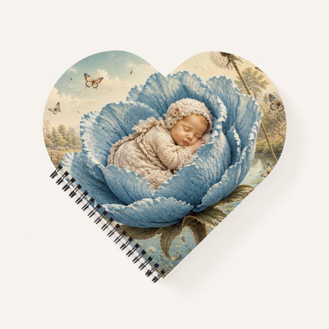 Cuaderno Bebé durmiendo en flor azul  (Anverso)