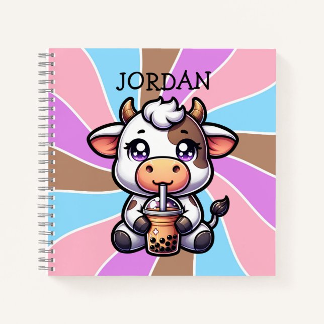 Cuaderno Bebé lindo vaca bebiendo Boba Kawaii Personalizado (Anverso)