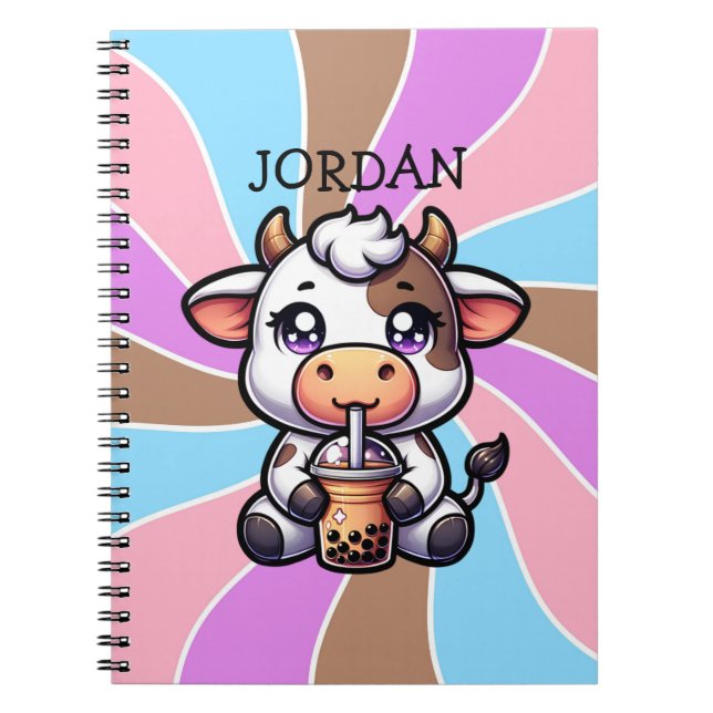 Cuaderno Bebé lindo vaca bebiendo Boba Kawaii Personalizado (Frente)