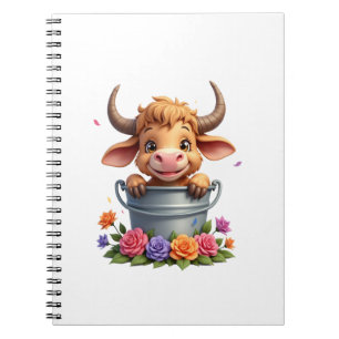 Cuaderno Bebé lindo vaca Highland con flores Ternero Animal
