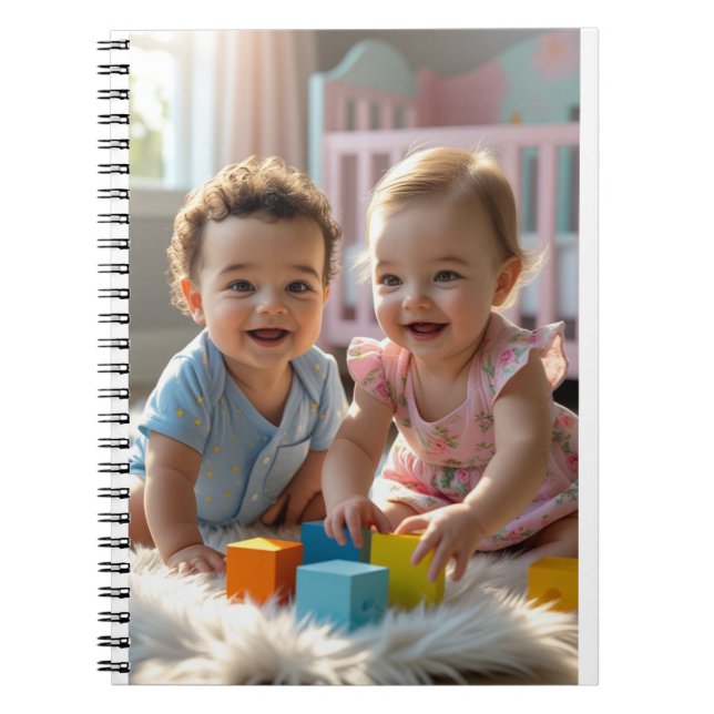 Cuaderno Bebés alegres jugando en una suave alfombra de pie (Frente)