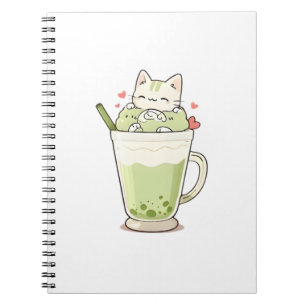 Cuaderno Bebida de Matcha con Boba de Gato Adorable Diseño