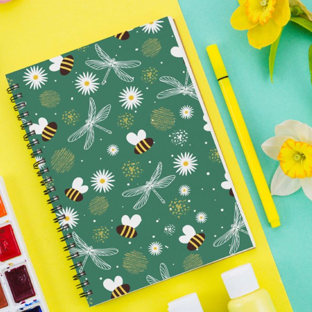 Cuaderno Bee, libélula y bloc de notas en espiral de flores (Subido por el creador)