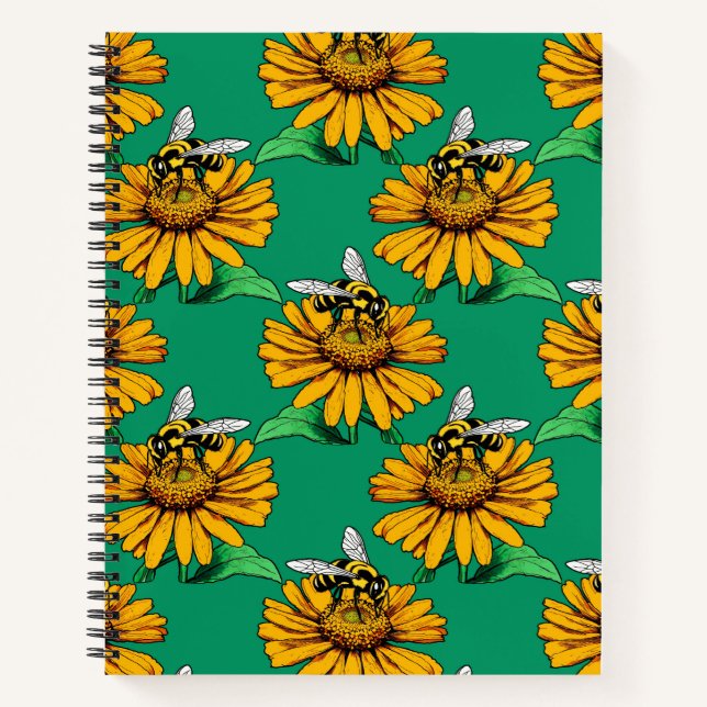 Cuaderno Bee on Sunflower Flower Pattern Design Green  (Anverso)