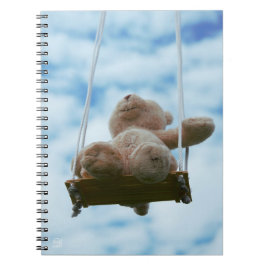 Cuaderno Beertje op schommel met bewolkte blauwe lucht.