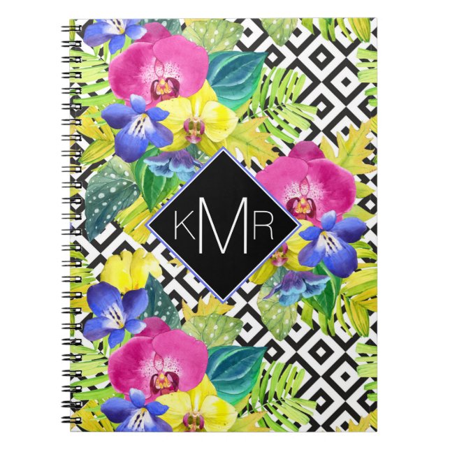 Cuaderno Begonia de la orquídea y monograma de las hojas de (Frente)