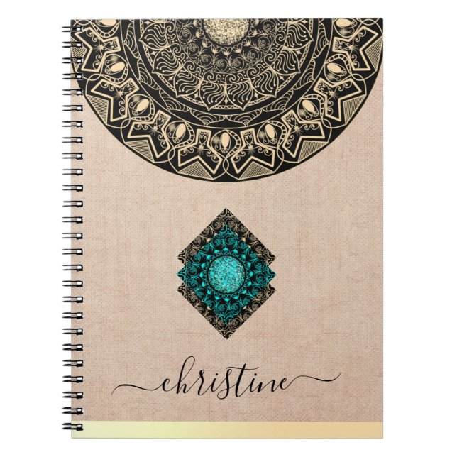 Cuaderno Beige Burlap Mandala Nombre del guión negro (Frente)