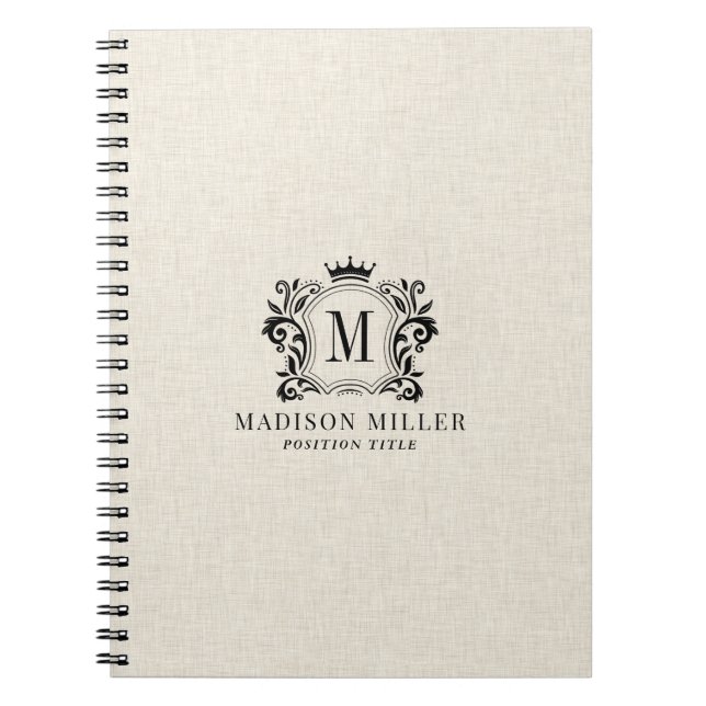 Cuaderno Beige Linen Black Royal Crest Crown Monogram (Frente)