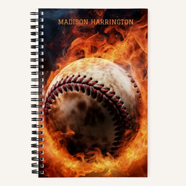 Cuaderno Béisbol con nombre personalizado en llamas (Anverso)